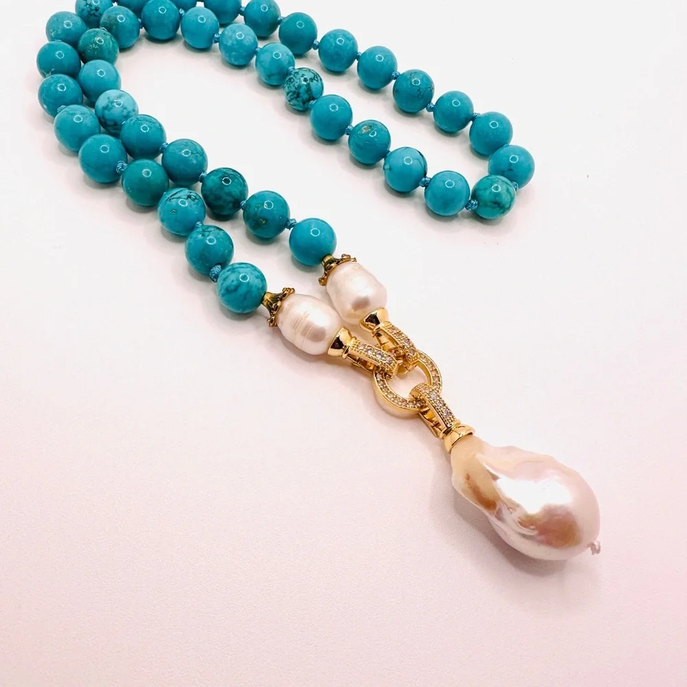 Genuine Howelite and Baroque Pearl Pendant Necklace - Picture 5 of 12